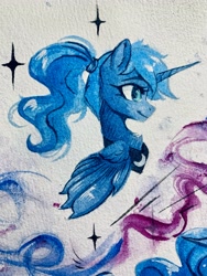 Size: 3024x4032 | Tagged: safe, artist:jsunlight, princess luna, alicorn, pony, g4, bust, chest fluff, female, high res, mare, peytral, ponytail, portrait, profile, smiling, solo, traditional art, watercolor painting, wings