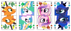 Size: 3200x1400 | Tagged: safe, artist:parclytaxel, princess cadance, princess celestia, princess luna, the great seedling, alicorn, dryad, elk, pony, series:parcly's pony pattern playing cards, g4, acorn, bell, branches for antlers, bust, female, german, grin, heart, king of hearts, leaf, male, mare, oak tree, one of these things is not like the others, playing card, portrait, rotational symmetry, smiling, tree, vector