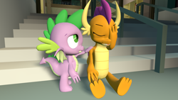 Size: 2048x1152 | Tagged: safe, artist:gaelgaming1, smolder, spike, dragon, g4, 3d, dragoness, duo, duo male and female, eyes closed, facepalm, female, friendshipping, hand on shoulder, male, sitting, source filmmaker, stairs