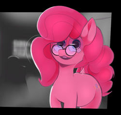 Size: 593x563 | Tagged: safe, artist:cakeponer, pinkie pie, earth pony, pony, g4, female, freckles, glasses, looking at you, mare, open mouth, open smile, round glasses, smiling, smiling at you, solo, three quarter view