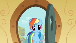 Size: 1000x563 | Tagged: safe, screencap, rainbow dash, pegasus, pony, g4, my little pony: friendship is magic, party of one, season 1, door, female, looking at you, mare, smiling, smiling at you, solo