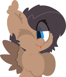 Size: 1576x1844 | Tagged: safe, artist:moonydusk, oc, oc only, oc:quillwright, pegasus, fallout equestria, :p, ear fluff, eye clipping through hair, fallout equestria: of shadows, female, one eye closed, pegasus oc, simple background, solo, spread wings, tongue out, transparent background, wings, wink