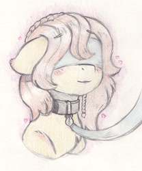 Size: 1094x1317 | Tagged: safe, artist:foxtrot3, oc, oc only, oc:sea breeze, earth pony, pony, blindfold, blushing, braid, collar, female, floppy ears, heart, leash, mare, pet play, solo