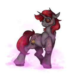 Size: 2300x2300 | Tagged: safe, artist:molars, oc, oc only, oc:willow wisp, pony, unicorn, fallout equestria, commission, fallout equestria: of shadows, ghoul eyes, gritted teeth, horn, pink cloud (fo:e), radiation, raised hoof, scar, semi ghoul, solo, teeth, unshorn fetlocks