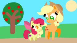 Size: 1280x720 | Tagged: safe, artist:mlplary6, apple bloom, applejack, earth pony, pony, g4, apple sisters, female, filly, foal, mare, outdoors, pointy ponies, siblings, sisters