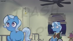 Size: 2048x1152 | Tagged: safe, artist:eltrash_art6, jack pot, trixie, pony, unicorn, g4, bed, bojack horseman, ceiling fan, clothes, commission, dementia, duo, duo male and female, fan, father and child, father and daughter, female, fridge horror, horn, indoors, male, mare, night, parody, sad, shirt, spoilers for another series, stallion, the implications are horrible, watermark, wheelchair