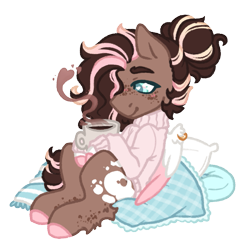 Size: 969x1000 | Tagged: safe, artist:kazmuun, oc, oc only, oc:coffee swirl, pegasus, pony, blue eyelashes, blue eyes, blush lines, blushing, brown coat, clothes, coat markings, coffee, coffee mug, colored, colored eyebrows, colored eyelashes, colored hooves, colored lineart, colored wings, colored wingtips, commission, cushion, drink, feminine stallion, flat colors, freckles, heart, heart eyes, hooves, leg fluff, leg freckles, leg markings, male, male oc, mug, pegasus oc, piercing, pillow, pink hooves, pink sweater, ponytail, profile, signature, simple background, sitting, smiling, solo, splotches, stallion, stallion oc, striped mane, striped tail, sweater, tail, tied mane, trans male, transgender, transgender oc, transparent background, turtleneck, turtleneck sweater, two toned mane, two toned tail, two toned wings, white pupils, white wings, wing fluff, wing piercing, wingding eyes, wings, ych result