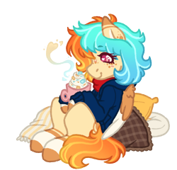 Size: 1042x1000 | Tagged: safe, artist:kazmuun, oc, oc only, oc:caprisun fishes, pegasus, pony, bandana, blue hoodie, blush lines, blushing, chocolate, clothes, coat markings, coffee mug, colored, colored eartips, colored eyelashes, colored hooves, colored lineart, colored pinnae, colored wings, colored wingtips, commission, cream coat, cushion, drink, ear freckles, ear markings, eye clipping through hair, eyebrows, eyebrows visible through hair, facial markings, female, female oc, flat colors, food, freckles, gradient mane, gradient tail, heart, heart eyes, hoodie, hooves, hot chocolate, leg stripes, magenta eyelashes, magenta eyes, mare, mare oc, mug, neckerchief, orange hooves, orange mane, orange tail, orange wings, pegasus oc, pillow, pink eyes, profile, signature, simple background, sitting, smiling, socks (coat markings), solo, stirped tail, striped mane, stripes, sweater, tail, transparent background, two toned wings, white pupils, white wingtips, wingding eyes, wings, ych result, yellow coat