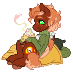 Size: 900x900 | Tagged: safe, artist:kazmuun, oc, oc only, oc:golden flare, pegasus, pony, bandage, bandaged, bandaged wing, broken wing, cast, chocolate, clothes, coffee mug, colored, colored eyebrows, colored eyelashes, colored hooves, colored lineart, colored wings, colored wingtips, commission, cushion, drink, flat colors, folded wings, food, freckles, green eyelashes, green eyes, green sweater, heart, heart eyes, hooves, hot chocolate, injured wing, male, marshmallow, mug, orange mane, orange tail, pegasus oc, pillow, pink wingtips, profile, red coat, red hooves, signature, simple background, sitting, smiling, solo, stallion, sweater, tail, three toned wings, transparent background, turtleneck, turtleneck sweater, two toned mane, two toned tail, unshorn fetlocks, wingding eyes, wings, ych result