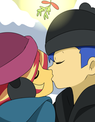 Size: 1718x2200 | Tagged: safe, artist:daichigatari, flash sentry, sunset shimmer, human, equestria girls, g4, christmas, duo, female, holiday, kiss on the lips, kissing, male, mistletoe, outdoors, ship:flashimmer, shipping, straight