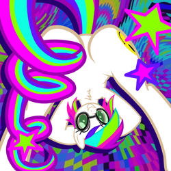 Size: 1000x1000 | Tagged: safe, artist:trimpsy, oc, oc only, oc:molly, earth pony, pony, acid, ass up, butt, chest fluff, drugs, face down ass up, featureless crotch, female, glasses, implied drugs, looking at you, lsd, mare, plot, psychedelic, silly, silly pony, smiling, solo, stars, trippy