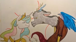 Size: 640x359 | Tagged: safe, artist:swampmarsh, discord, princess celestia, crayon drawing, crown, drawing, female, horn, jewelry, looking at each other, looking at someone, male, marker drawing, regalia, role reversal, ship:dislestia, shipping, smuglestia, straight, traditional art, trollestia