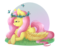 Size: 920x785 | Tagged: safe, artist:taffy-toffee, artist:toxiccolour, fluttershy, butterfly, pegasus, pony, chest fluff, cute, eyes closed, female, floral head wreath, flower, grass, lying down, mare, prone, shyabetes, simple background, solo, transparent background