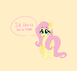 Size: 973x900 | Tagged: safe, artist:taffy-toffee, artist:toxiccolour, fluttershy, pegasus, pony, g4, female, fluttertree, i'd like to be a tree, open mouth, raised hoof, simple background, solo, speech bubble, yellow background