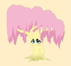 Size: 973x900 | Tagged: safe, artist:toxiccolour, fluttershy, g4, dendrification, female, fluttertree, i'd like to be a tree, inanimate tf, simple background, solo, tree, yellow background