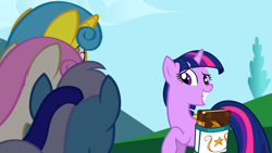 Size: 1920x1080 | Tagged: safe, screencap, lemon hearts, minuette, twilight sparkle, twinkleshine, pony, unicorn, friendship is magic, g4, my little pony: friendship is magic, bag, book, female, horn, mare, saddle bag, unicorn twilight