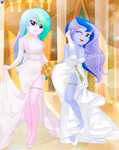 Size: 1121x1410 | Tagged: safe, artist:charliexe, princess celestia, princess luna, principal celestia, vice principal luna, equestria girls, g4, alternate hairstyle, bare shoulders, bride, clothes, cute, cutelestia, dress, duo, duo female, evening gloves, eyeshadow, female, flower, gloves, gown, high heels, indoors, jewelry, long gloves, lunabetes, makeup, marriage, necklace, one eye closed, open mouth, royal sisters, shoes, siblings, sisters, sleeveless, wedding, wedding dress, wink