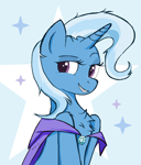 Size: 808x944 | Tagged: safe, artist:sallycars, trixie, unicorn, g4, cape, chest fluff, clothes, female, grin, horn, looking at you, mare, ms paint, smiling, smiling at you, smirk, smug, solo, star background, stars, trixie day, trixie's cape