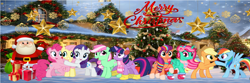 Size: 1500x500 | Tagged: safe, artist:lizzmcclin, applejack, fluttershy, minty, pinkie pie, rainbow dash, rarity, twilight sparkle, oc, g3, g4, christmas, christmas tree, holiday, mane six, merry christmas, santa claus, snow, tree