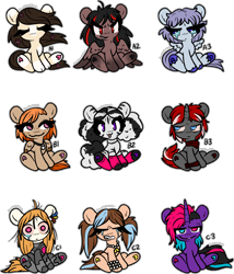 Size: 3954x4629 | Tagged: safe, artist:sexygoatgod, oc, oc only, cyborg, earth pony, pegasus, pony, unicorn, zebra, adoptable, bandana, bracelet, chibi, clothes, crying, female, flower, flower in hair, hoofless socks, horn, jewelry, necklace, socks