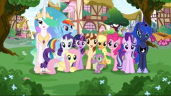 Size: 1206x677 | Tagged: safe, artist:bubbacheezit, applejack, fluttershy, pinkie pie, princess celestia, princess luna, rainbow dash, rarity, spike, starlight glimmer, twilight sparkle, oc, oc:caleb, g4, female, male, mane six