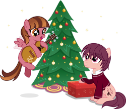 Size: 1920x1668 | Tagged: safe, artist:limedazzle, oc, oc only, oc:allen, oc:katherine, earth pony, pegasus, pony, christmas, christmas tree, female, filly, foal, guitar, holiday, male, musical instrument, simple background, stallion, transparent background, tree