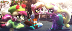 Size: 5910x2586 | Tagged: safe, artist:yourboimario, daisy, flower wishes, lily, lily valley, roseluck, earth pony, pony, g4, :p, alternate universe, clothes, flower, flower trio, high res, irl, looking at you, photo, ponies in real life, ponytail, short hair, tongue out