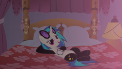 Size: 1920x1080 | Tagged: safe, artist:epicheavytf2, artist:pyrogaming, dj pon-3, vinyl scratch, pony, unicorn, g4, bed, bedroom, bedroom eyes, bedsheets, canopy bed, clothes, curtains, female, glasses, gloves, heart, heart eyes, horn, interior, lamp, latex, looking at you, lust, lying down, mare, night, open mouth, pillow, sexy, smiling, solo, sultry pose, underlust, vinyl's glasses, waiting, wingding eyes