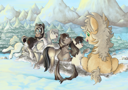 Size: 4093x2894 | Tagged: safe, artist:snspony, oc, oc only, oc:cold shoulder, oc:current seeker, oc:frosty flakes, oc:lichen, oc:pine ponder, oc:winter wonder, earth pony, pony, yakutian horse, abominable snowmare, butt fluff, canines, chest fluff, coat markings, cute, day, ear fluff, evergreen tree, female, fluffy, foal, hock fluff, hoof heart, log, looking at each other, looking at someone, mandibular canines, mare, missing cutie mark, mountain, mountain range, mouth hold, open mouth, open smile, painterly, pale belly, pinecone, rear view, scenery, side view, sitting, size difference, smiling, snow, socks (coat markings), stuck, underhoof, unshorn fetlocks, wip