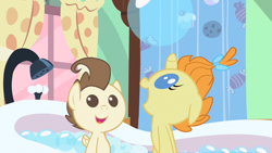 Size: 1280x720 | Tagged: safe, screencap, pound cake, pumpkin cake, pegasus, pony, unicorn, baby cakes, g4, my little pony: friendship is magic, season 2, amazed, baby, baby pony, bath, bath time, bathing, bathroom, bathtub, big eyes, bow, brother and sister, bubble, cake twins, cute, delighted, female, hair bow, horn, male, moments before disaster, pumpkinbetes, shower curtain, siblings, sugarcube corner, sugarcube corner (interior), twins