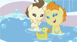 Size: 640x350 | Tagged: safe, screencap, pound cake, pumpkin cake, pegasus, pony, unicorn, baby cakes, g4, my little pony: friendship is magic, season 2, baby, baby pony, bath, bath toy, bathing, bathtub, brother and sister, bubble, cake twins, cute, duo, female, happy, happy babies, happy baby, horn, male, poundabetes, pumpkinbetes, rubber duck, siblings, twins, wet