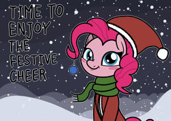 Size: 2048x1448 | Tagged: safe, artist:ewoudcponies, pinkie pie, earth pony, pony, g4, blush sticker, blushing, christmas, clothes, cute, diapinkes, female, hat, holiday, jacket, looking at you, mare, santa hat, scarf, smiling, smiling at you, snow, snowfall, solo, text