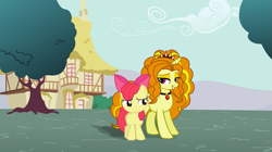 Size: 1599x897 | Tagged: artist needed, safe, anonymous artist, artist:dipi11, artist:mit-boy, artist:tomfraggle, adagio dazzle, apple bloom, earth pony, pony, unicorn, g4, adorabloom, apple bloom's bow, bow, crack shipping, cute, duo, eyeshadow, female, filly, foal, gem, grin, hair bow, horn, house, lesbian, lidded eyes, looking at each other, looking at someone, makeup, mare, ponified, ponyville, ship:adagbloom, shipping, siren gem, smiling, smiling at each other, tree, unicorn adagio dazzle