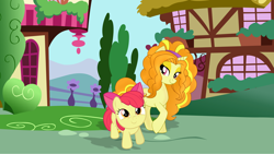 Size: 3998x2250 | Tagged: artist needed, safe, anonymous artist, artist:dipi11, artist:luckyclau, artist:tomfraggle, adagio dazzle, apple bloom, earth pony, pony, unicorn, g4, adorabloom, apple bloom's bow, bow, crack shipping, cute, eyeshadow, female, filly, foal, hair bow, horn, lesbian, lidded eyes, looking at each other, looking at someone, makeup, mare, ponified, ponyville, ship:adagbloom, shipping, smiling, smiling at each other, unicorn adagio dazzle