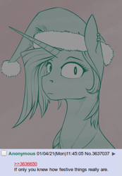 Size: 691x996 | Tagged: safe, artist:stray prey, oc, oc only, oc:acidia, pony, unicorn, 4chan, christmas, hat, holiday, horn, santa hat, solo, unicorn oc