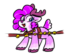 Size: 1188x910 | Tagged: safe, artist:zutcha, pinkie pie, deer, earth pony, pony, reindeer, g4, bridle, cloven hooves, cute, diapinkes, doe, female, jingle bells, open mouth, open smile, red nose, reindeerified, reins, simple background, smiling, solo, species swap, tack, unshorn fetlocks, white background