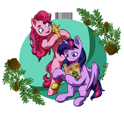 Size: 1760x1620 | Tagged: safe, artist:ju4111a, pinkie pie, twilight sparkle, alicorn, earth pony, pony, g4, alicorn wings, book, christmas, christmas ornament, decoration, duo, duo female, eyebrows, female, holding, holiday, horn, looking at each other, looking at someone, looking at something, mare, pine tree, raised eyebrow, raised hoof, simple background, sitting, smiling, smiling at someone, sparkles, standing on two hooves, stars, toy, tree, tree branch, twilight sparkle (alicorn), wings