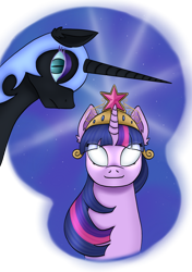 Size: 2048x2905 | Tagged: safe, artist:theedgyduck, part of a set, nightmare moon, twilight sparkle, alicorn, unicorn, series:leechlord draws every episode, friendship is magic, g4, my little pony: friendship is magic, armor, big crown thingy, colored eyelashes, crown, element of magic, ethereal mane, female, glowing, glowing eyes, helmet, horn, jewelry, mare, part of a series, regalia, simple background, slit pupils, transparent background, twilight sparkle glowing eyes, unicorn twilight, white eyes