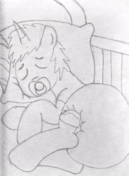 Size: 1971x2677 | Tagged: safe, artist:bitter sweetness, oc, oc only, oc:bitter sweetness, unicorn, abdl, adult foal, clothes, crib, diaper, diaper fetish, eyes closed, fetish, horn, non-baby in diaper, pacifier, pillow, poofy diaper, sketch, socks, solo, traditional art