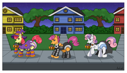 Size: 4055x2356 | Tagged: safe, artist:aquaeagle, apple bloom, scootaloo, sweetie belle, earth pony, pegasus, pony, unicorn, g4, my little pony: friendship is magic, abdl, background, bib, bush, candy, cape, cloak, clothes, costume, cutie mark crusaders, diaper, diaper bulge, diaper butt, diaper fetish, diaper under clothes, diapered, fangs, fetish, foal, food, grass, green eyes, halloween, halloween costume, happy halloween, hat, holiday, horn, houses, jack-o-lantern, night, night sky, non-baby in diaper, onesie, outdoors, pink hair, public, pumpkin, purple eyes, purple hair, road, skeleton costume, sky, socks, stars, street, striped socks, sweets, tail, tail hole, thigh highs, thigh socks, tree, trick or treat, vampire costume, white diaper, wings, witch, witch costume, witch hat, yellow eyes