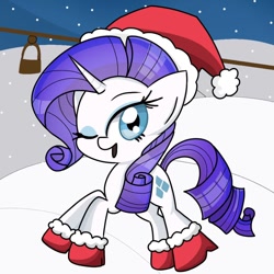 Size: 1000x1000 | Tagged: safe, artist:cozylavender234, rarity, pony, unicorn, g4, christmas, hat, holiday, horn, outdoors, redraw, santa hat, snow