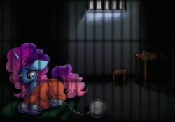 Size: 1381x967 | Tagged: safe, artist:pozya1007, misty brightdawn, pony, unicorn, g5, ball and chain, clothes, commissioner:rainbowdash69, female, horn, indoors, mare, never doubt rainbowdash69's involvement, prison outfit, prisoner, prisoner misty, rebirth misty, sad, shackles, solo