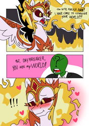 Size: 640x906 | Tagged: safe, artist:anonymous, daybreaker, oc, oc:anon, alicorn, human, pony, g4, 3 panel comic, :t, bashful, blushing, colored, comic, cute, dialogue, drawthread, exclamation point, fangs, heart, human oc, ponified, ponified manga, requested art