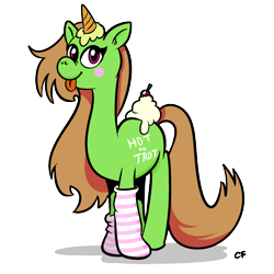 Size: 1024x1024 | Tagged: safe, artist:catfood-mcfly, oc, oc:cherry sundae, pony, blushing, brown mane, cel shading, cherry, clothes, drop shadow, female, female oc, food, gray background, green coat, hot to trot, ice cream, ice cream cone, ice cream horn, jelly pony, long mane, long tail, mare, mare oc, pony oc, shading, signature, simple background, socks, solo, striped socks, sundae, tail, tongue out