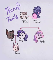 Size: 2059x2348 | Tagged: safe, artist:overlordneon, cookie crumbles, hondo flanks, rarity, sweetie belle, oc, oc:pek, oc:pepita, diamond dog, hybrid, pony, unicorn, g4, canon x oc, diamond dog oc, family tree, female, female diamond dog, high res, horn, interspecies offspring, lesbian, magical lesbian spawn, male, mare, offspring, older, older sweetie belle, parent:oc:pek, parents:canon x oc, ship:cookieflanks, shipping, stallion, straight