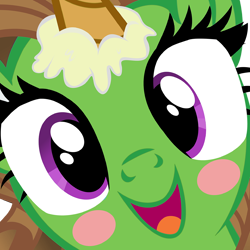 Size: 1250x1250 | Tagged: safe, artist:anonymous, oc, oc:cherry sundae, pony, blushing, brown mane, bust, face only, female, female oc, green coat, ice cream, ice cream cone, ice cream horn, jelly pony, looking at you, mare oc, pony oc, portrait, purple eyes, solo