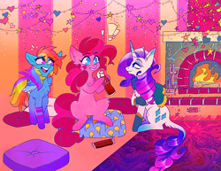 Size: 1943x1500 | Tagged: safe, artist:ayyolilikoi, pinkie pie, rainbow dash, rarity, earth pony, pegasus, pony, unicorn, g4, bottle, christmas, decoration, female, fire, fireplace, holiday, hoof hold, horn, indoors, leonine tail, mare, open mouth, open smile, pillow, sitting, smiling, soda bottle, tail, trio