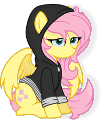 Size: 1841x2178 | Tagged: safe, artist:godoffury, fluttershy, pegasus, pony, g4, .svg available, clothes, female, high res, hoodie, looking at you, mare, messy mane, simple background, solo, spread wings, transparent background, vector, wings