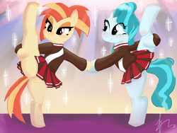 Size: 4096x3072 | Tagged: safe, artist:miranda_17, lighthoof, shimmy shake, earth pony, pony, g4, bipedal, blushing, butt, dancing, duo, featureless crotch, female, flexible, looking at someone, mare, plot, signature, smiling