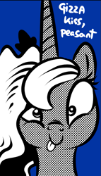 Size: 435x759 | Tagged: safe, artist:catfood-mcfly, artist:twigglesfag, princess luna, alicorn, pony, g4, blue background, bust, female, implied kissing, looking at you, mare, portrait, requested art, simple background, solo, talking to viewer, tongue out